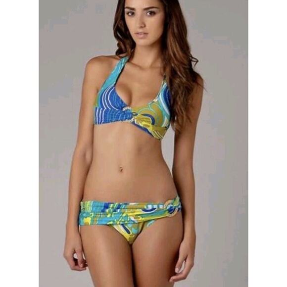 Trina Turk Bikini Swim Suit Womens 12 Bali Waves Resort Wear Colorful Gold - Picture 1 of 11